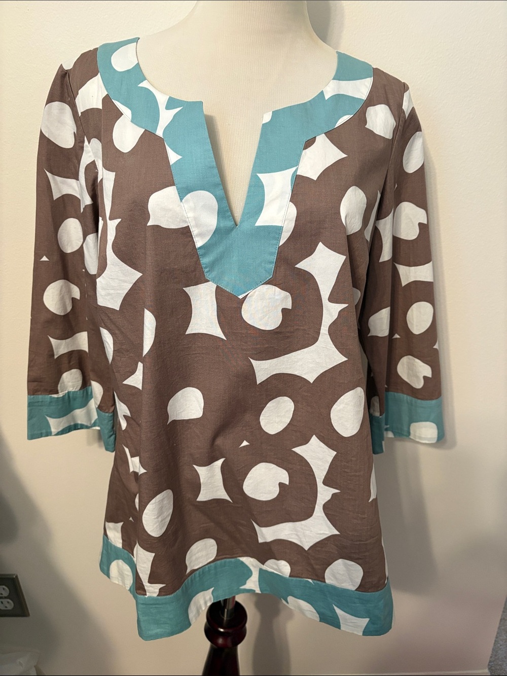 Boden Brown and Teal Geometric Tunic Top